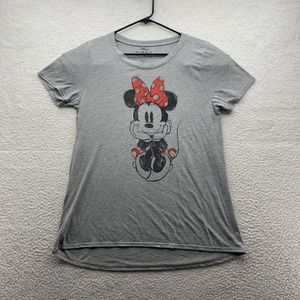 Disney Minnie Mouse T-Shirt Womens XL X-Large V-Neck Heather Gray Cute Bow Smile